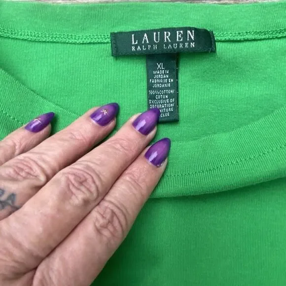 LAUREN RALPH LAUREN 100% Cotton Kelly Green boat neck T-shirt women’s XL - Picture 4 of 5